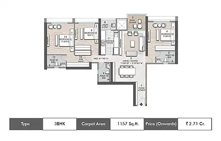 3 BHK-1157 SqFt